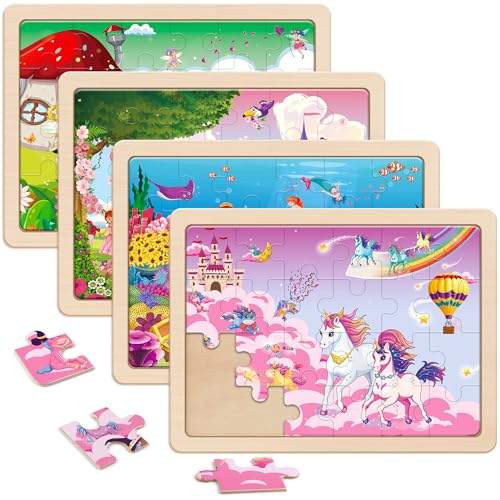 SYNARRY Einhorn Meerjungfrau Prinzessin Puzzle ab 3 4 5 6 Jahre, 4x24 Teilen Kinder Mädchen Holzpuzzle, Vorschule Lehrreiches Spielzeug, Geschenke für Kinder für Jungen und Mädchen von SYNARRY