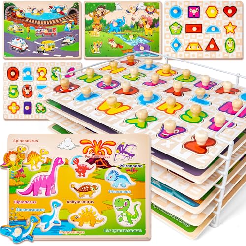 SYNARRY Holzpuzzles für Kleinkinder 1-3, 6XSET Puzzles für Kleinkinder 2-4 mit Gestell, Lernen Alphabet Zahlenform Tier Dinosaurier Fahrzeug, Bildung Kleinkind Puzzles Spielzeug Geschenke für 2 3 von SYNARRY