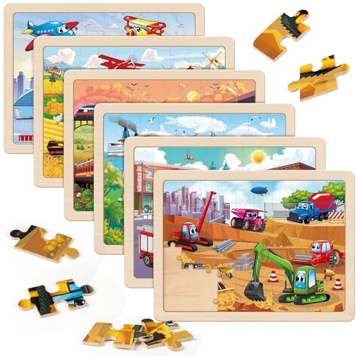 SYNARRY Puzzle Fahrzeuge Bagger ab 4 5 6 7 8 Jahre, 6x60 Teilen Kinder Holzpuzzle Verkehrsmittel, Vorschule Lehrreiches Spielzeug, Geschenke für Kinder für Jungen und Mädchen von SYNARRY