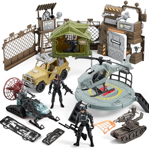 SYNCFUN Militär-Spielzeugset, Toy Soldiers, Militärbasis, Fahrzeuge, Actionfiguren, Hubschrauber mit Licht und Ton, Kampfspielzeug für Kinder von SYNCFUN