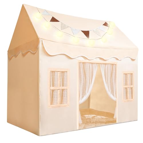 SYNCFUN Kinderzelt Indoor mit Matte und Lichtern Spielzelt Kinder Spielhaus für Drinnen 51*35*52 Inch Prinzessin Zelt Spielzelt für Kleinkinder 3-13 Jahre Kinderzimmer für Mädchen (Beige),Play Tent von SYNCFUN