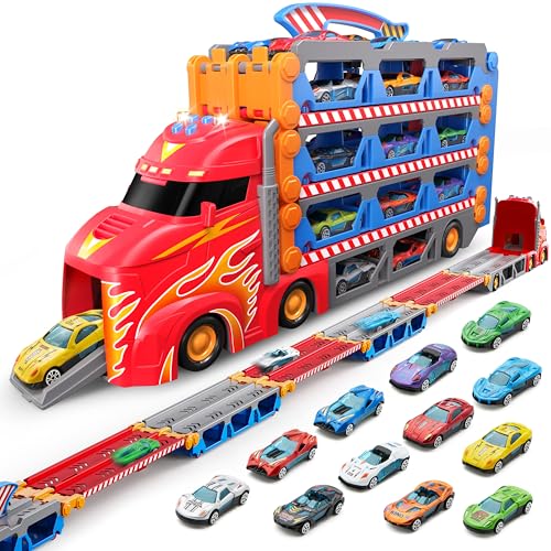 SYNCFUN Transport Renn Truck Spielzeugautos,riesiges Rennstrecken Truck Spielzeug,faltbares Set mit 12 Metallautos,Lichtern und Geräuschen,Geschenk für 3,4,5,6 und 7jährige Jungen und Mädchen SYNCFUN Transport Renn Truck Spielzeugautos,riesiges Rennstrecken Truck Spielzeug,faltbares Set mit 12 Metallautos,Lichtern und Geräuschen,Geschenk für 3,4,5,6 und 7jährige Jungen und Mädchen von SYNCFUN