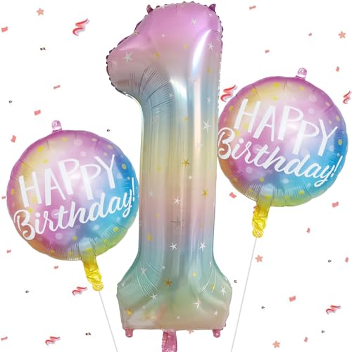 Bunter Happy Birthday Zahlen 1 Folienballon für Kindergeburtstag Deko, Regenbogen Farbverlauf Geburtstagszahl Ballon 1 Jahre, Baby Shower Geburtstag Dekoration Jubiläumsparty von SYSYSYYASNL