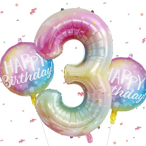 Bunter Happy Birthday Zahlen 3 Folienballon für Kindergeburtstag Deko, Regenbogen Farbverlauf Geburtstagszahl Ballon 3 Jahre, Baby Shower Geburtstag Dekoration Jubiläumsparty von SYSYSYYASNL