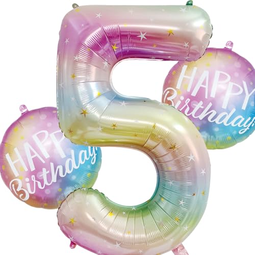 Bunter Happy Birthday Zahlen 5 Folienballon für Kindergeburtstag Deko, Regenbogen Farbverlauf Geburtstagszahl Ballon 5 Jahre, Baby Shower Geburtstag Dekoration Jubiläumsparty von SYSYSYYASNL