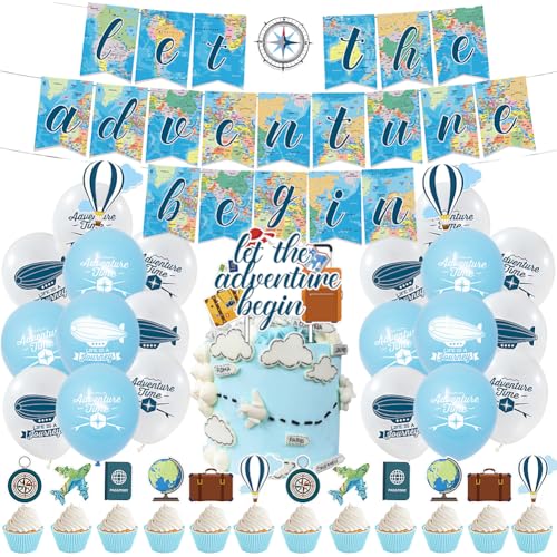 34 Stück Reise Thema Party Dekoration Set,Global Travel Party Dekoration,Reise Motto Cake deko Umfasst Luftballons Banner für Jungen Mädchen Kinderparty Dekoration von SYTTNUM