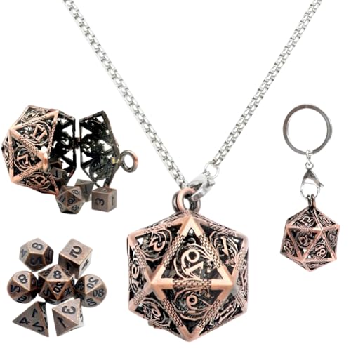 DND Metall-Halskette Würfel Set,Retro Rotes Kupfer D20 Würfel Halskette,DND Dice Würfelset für Dungeon und Dragons Polyedrische Würfel Halskette DND Zubehör Freunde Geschenk von SYTTNUM