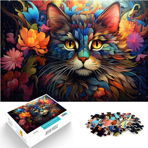 Puzzle Psychedelisches, farbenfrohes Kunst-Kätzchen-Puzzle, 1000 Teile, für Erwachsene und Kinder, aus Holz, Puzzle – anspruchsvolles Spiel, Heimkunst-Dekor (50 x 75 cm) von SYUNFEI