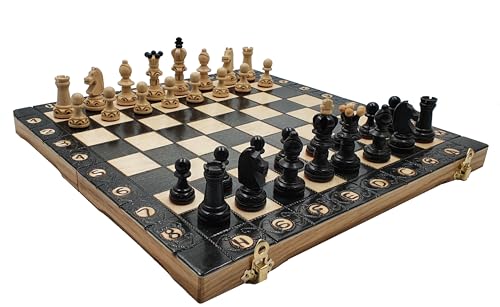 SZACHY-SZAFRANIEC - Schachspiel - Mini Ambassador Schwarz - Klapp-Schachbrett | 35x35 cm | & 32 Schachfiguren- Chess Set von SZACHY-SZAFRANIEC