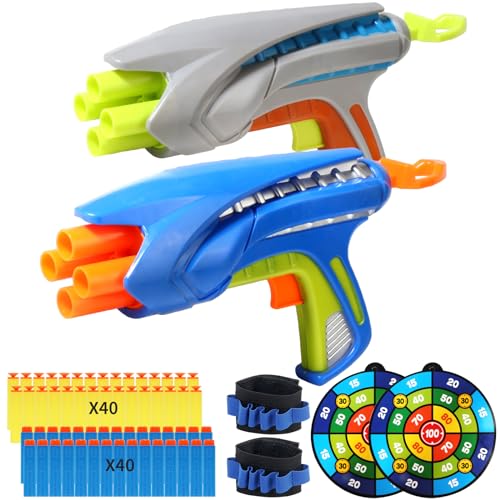2pcs Foam Blaster Toy Guns mit 80 Darts & 2 Zielen und 2 taktisches Armband, Innen-/Outdoor -Spielzeug für Jungen und Mädchen (Blue + Grey) von SZJYMY