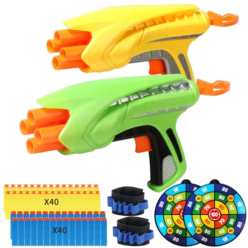 Toy Gun, 2 PCs Foam Blaster Soft Bullet Toy Pistole mit 80 Darts und 2 Targets und 2 taktisches Armband, Shockwave, Kinder im Freien für 6 Jahre alte Jungen und Mädchen und Up (Yellow + Green) von SZJYMY