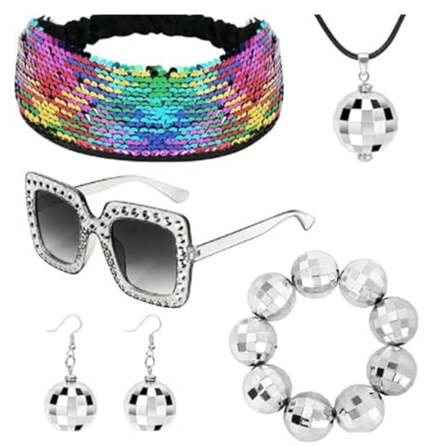 SZYDD 70er Jahre Disco Dress Up Set 1970er Jahre Damen Party Zubehör Set Party Pailletten Kopfbedeckung Brille Halskette Ohrringe 5 in 1 von SZYDD