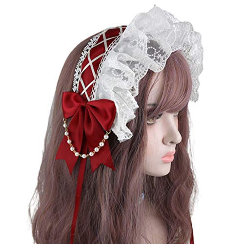 SZYDD Lolita Stirnband mit gerüschter Spitze, japanisches Band, Schleife, Dienstmädchen, Haarband, Perlenkette, Cosplay-Haarschmuck von SZYDD