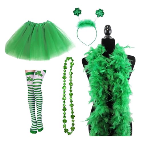 SZYDD St. Patrick's Day Damen Tutu Rock Feder Schal Trim Set Damen Tag Stirnband mit Rock, Halskette, Schal, Beinstulpen Damen Abschlussball Supplies von SZYDD