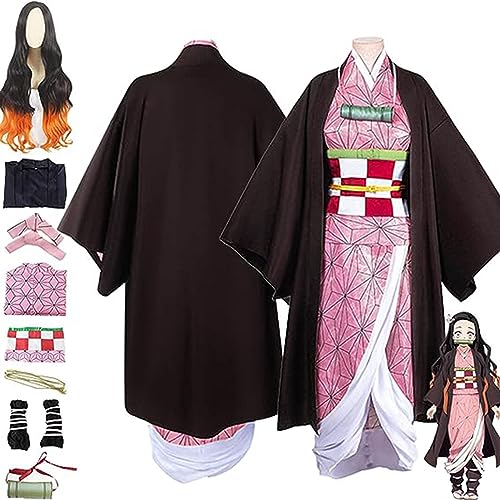 Anime Demon Slayer Kamado Nezuko Cosplay Kimono Outfit mit Perücke, Kimetsu No Yaiba Umhang Kopfschmuck Komplettset Halloween Weihnachten Party Kleidung,Rosa,160cm von SZYDM