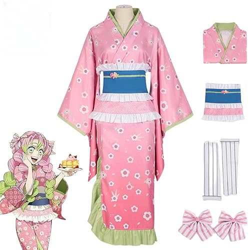 Anime Demon Slayer Kanroji Mitsuri Cosplay Kimono Outfit, Kimetsu No Yaiba Kopfbedeckung Bund Umhang Mantel Komplettset Halloween Weihnachten Party Uniform,Rosa,3XL von SZYDM