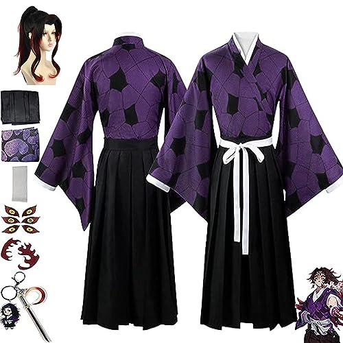 Anime Demon Slayer Kokushibo Cosplay Kimono Outfit mit Perücke, Kimetsu No Yaiba Umhang Tattoo Aufkleber Schlüsselanhänger Komplettset Halloween Weihnachten Party Kleidung,Lila,XXL von SZYDM