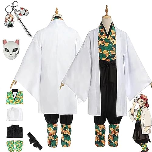 Anime Demon Slayer Sabito Cosplay Kimono Outfit, Kimetsu No Yaiba Maske Schlüsselanhänger Umhang Mantel Hose Komplettset Halloween Weihnachten Party Kleidung,Weiß,M von SZYDM