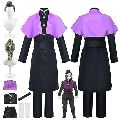 Anime Demon Slayer Shinazugawa Genya Cosplay Kimono Outfit mit Perücke, Kimetsu No Yaiba Umhang Mantel Hose Komplettset Halloween Weihnachten Party Kleidung,Schwarz,XL von SZYDM