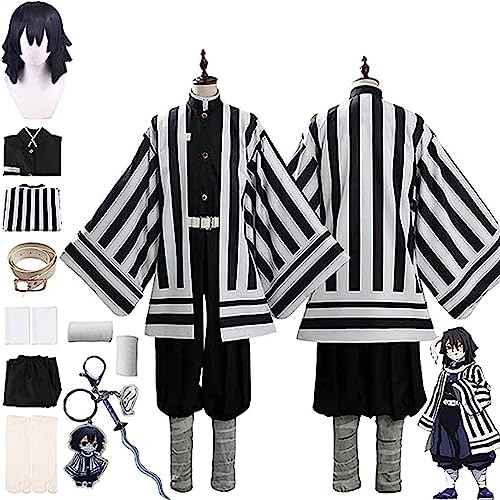 Demon Slayer Anime Iguro Obanai Cosplay Kostüm, Kimetsu No Yaiba Perücke Schlüsselanhänger Umhang Kimono Cardigan Komplettset Halloween Comic Game Party Uniform,Schwarz,S von SZYDM