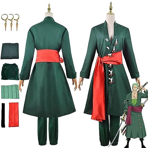 SZYDM Anime One Piece Roronoa Zoro Cosplay-Outfit, grüne Robe, Umhang, Hosen, Ohrringe, komplettes Set, Halloween-Weihnachtsparty-Kleidung für Männer und Frauen,Men's,M von SZYDM