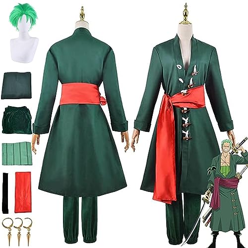 SZYDM Anime One Piece Roronoa Zoro Cosplay-Outfit mit Perücke, grüne Robe, Umhang, Hosen, Ohrringe, komplettes Set, Halloween-Weihnachtsparty-Kleidung für Männer und Frauen,Men's,3XL von SZYDM