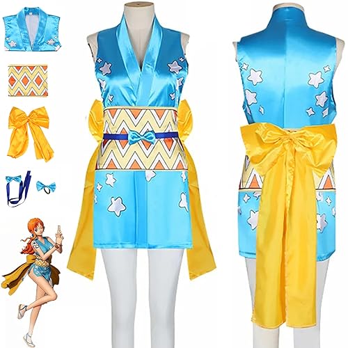 SZYDM Anime One Piece Wano Country Nami Cosplay-Outfit, ärmellose Kleidung für Damen, Minirock mit Seitenschlitz, komplettes Set Halloween-Weihnachtsparty-Kleidung,Blau,L von SZYDM