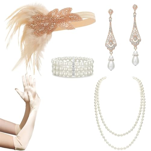 Weibliches Flapper-Kostüm GatsbyParty Stirnband Halskette Ohrringe Handschuhe 1920er Jahre Vintage Cosplay Party Kostüm Zubehör Set Halskette und Handschuhe Set Mode Accessoires Stirnband und von Saddgo