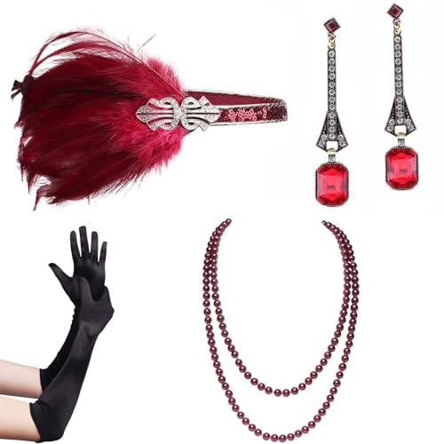 Weibliches Flapper-Kostüm GatsbyParty Stirnband Halskette Ohrringe Handschuhe 1920er Jahre Vintage Cosplay Party Kostüm Zubehör Set Halskette und Handschuhe Set Mode Accessoires Stirnband und von Saddgo