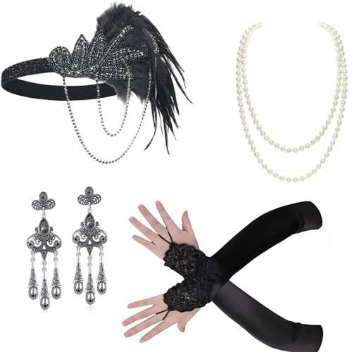 Weibliches Flapper-Kostüm GatsbyParty Stirnband Halskette Ohrringe Handschuhe 1920er Jahre Vintage Cosplay Party Kostüm Zubehör Set Halskette und Handschuhe Set Mode Accessoires Stirnband und von Saddgo