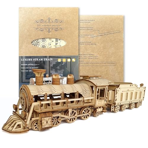 Sadodo Retro 3D Puzzle Dampflokomotive,Retro-Bahn Holzpuzzle, 3D Wood Puzzle Steam Train,3D Holz Puzzle Erwachsene Zug Modellbau DIY Modellbausatz Bausatz für Kinder, Erwachsene Geschenk (Dampfzug) von Sadodo