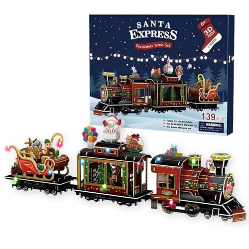 Sadodo 3D LED Puzzle Weihnachtszug Christmas Train Weihnachtsmann Schneemann Elch Weihnachtsbaum Zug Papier Modell Figuren Lokomotive Weihnachtszug DIY Dekoration für Kinder und Erwachsene Geschenk von Sadodo