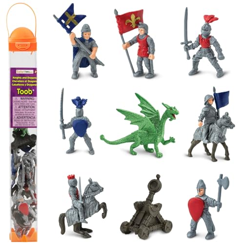 Safari Ltd. Ritter & Drachen Set - Set mit 10 Miniaturfiguren: Rote & Blaue Königsritter, Katapult und Grüner Drache - Geschichts-Lernspielzeugfiguren für Jungen, Mädchen & Kinder ab 3 Jahren von Safari Ltd.