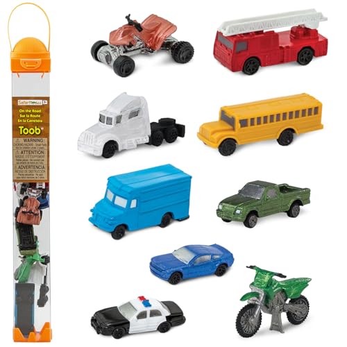 Safari Ltd On The Road TOOB - Figuren: Semi-Truck, Motorrad, Polizeiauto, Schulbus, Sportwagen, Lieferwagen, Pick-Up, ATV, Feuerwehrauto - Lernspielzeug für Jungen, Mädchen & Kinder ab 3 Jahren von Safari Ltd.