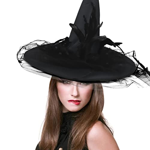 Sahgsa Halloween Hexenhut Deko, Spitzenschleier Hexenhut Halloween Hexen Hut Cosplay Spitzhut Zubehör mit Breite Krempe Hexenhut Halloween Kostüm Zubehör von Sahgsa