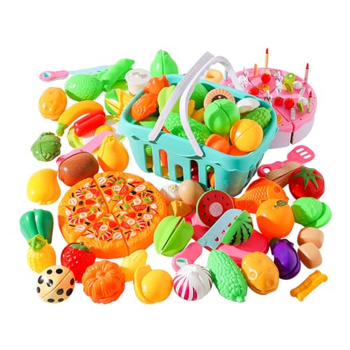 Spiel-Essen-Set für die Kinderküche, Rollenspiel-Essen für Kleinkinder, Kunststoff-Schneide-Fake-Food-Obst-Gemüse-Zubehör mit Korb, Geschenke für Jungen und Mädchen von Sahgsa