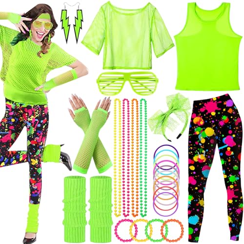 SaiXuan 26 Pcs 80er Jahre Neon Kleidung Damen Set, Netzshirt Damen, Fluoreszierende Westen, Stirnband, Ohrringe, Halskette, Netzhandschuhe, für 80er Jahre Outfit Damen, Mottopartys (M) von SaiXuan