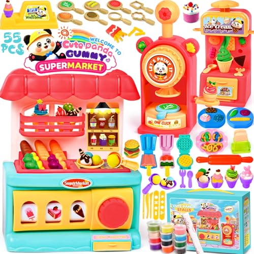 SaiXuan 55 PCS Knete Dough Set für Kinder, DIY Eiscreme, Burger und Lebensmittel Formen Set für Kinder, Knete Eismaschine, Lebensmittelformen und 12 Dosen Knete, Spielzeug Geschenk Mädchen Junge von SaiXuan