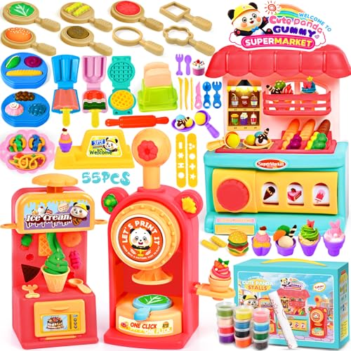 SaiXuan 55 PCS Knete Dough Set für Kinder, DIY Eiscreme, Burger und Lebensmittel Formen Set für Kinder, Knete Eismaschine, Lebensmittelformen und 12 Dosen Knete, Spielzeug Geschenk Mädchen Junge von SaiXuan