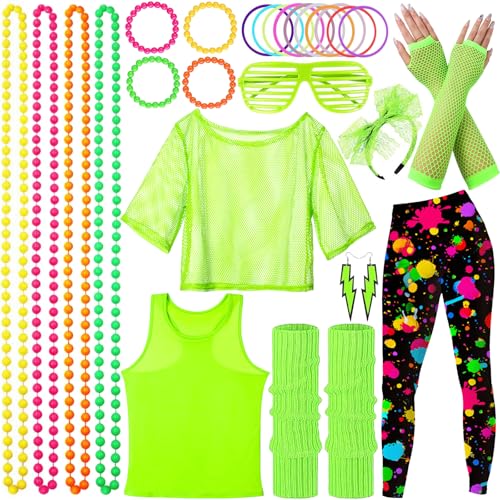 SaiXuan 26 Pcs 80er Jahre Neon Kleidung Damen Set, Netzshirt Damen, Fluoreszierende Westen, Stirnband, Ohrringe, Halskette, Netzhandschuhe, für 80er Jahre Outfit Damen, Mottopartys und Bühnenshows von SaiXuan