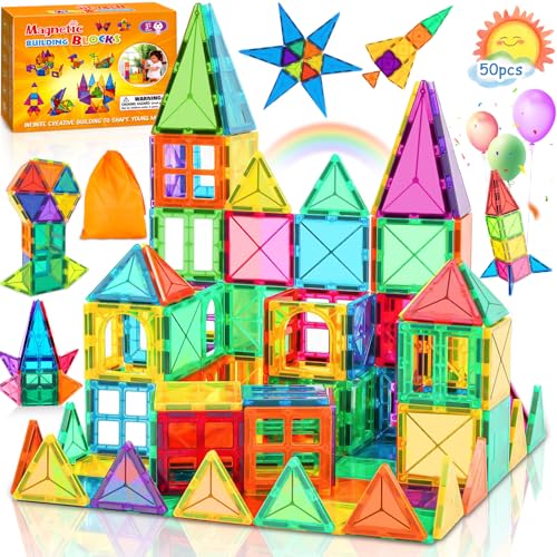 SaiXuan 50 pcs Set Magnetische Bausteine, Magnetbausteine Kinderspielzeug ab 3 4 5 6 7 8 Jahre,Starke Magnetkraft, Inklusive Aufbewahrungstasche und Anleitung, Lernspielzeug Geschenk Mädchen Junge von SaiXuan