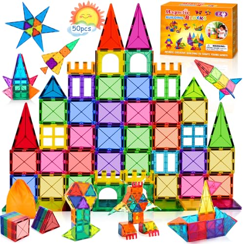 SaiXuan 50 pcs Set Magnetische Bausteine, Magnetbausteine Kinderspielzeug ab 3 4 5 6 7 8 Jahre,Starke Magnetkraft, Inklusive Aufbewahrungstasche und Anleitung, Lernspielzeug Geschenk Mädchen Junge von SaiXuan