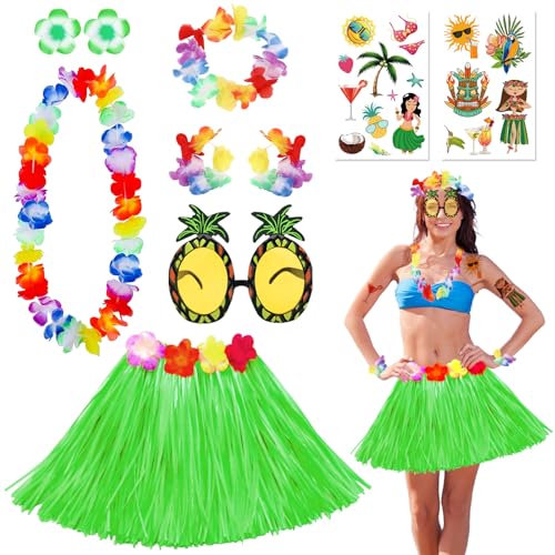 10-teiliges hawaiianisches Leis-Hula-Kostüm-Set, Hawaii-Gras-Kostüm-Set mit Grasrock, Halskette, Stirnband, Armbänder, Brille, Haarnadel, Tattoo-Aufkleber für Kinder, Erwachsene, Frauen, Sommer, von Saier tbo