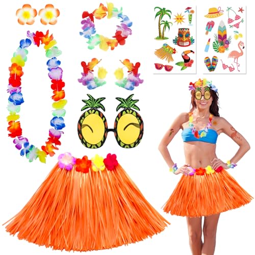 10-teiliges hawaiianisches Leis-Hula-Kostüm-Set, Hawaii-Gras-Kostüm-Set mit Grasrock, Halskette, Stirnband, Armbänder, Brille, Haarnadel, Tattoo-Aufkleber für Kinder, Erwachsene, Frauen, Sommer, von Saier tbo