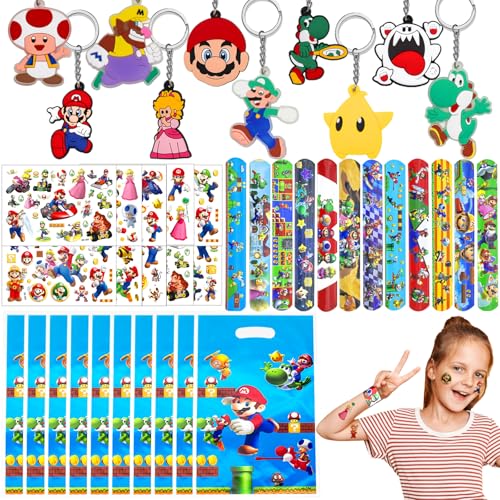 40 Stück Mario Party Gastgeschenke Kinder, Mitgebsel Kindergeburtstag Pinata Füllung mit Schlüsselanhänger Schnapparmband Geschenktüte Tattoo Aufkleber Give Aways Partygeschenk für Jungen Mädchen von Saier tbo