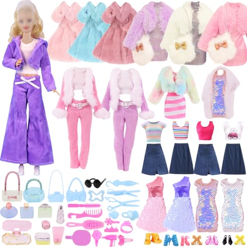 54 Stück Puppen Kleidung & Zubehör Set, Modedesign Barbie Outfit mit Kleider Pullover Schuhe Taschen Halskette Zubehör Sonnenbrille für 11.5 Zoll Puppe Spielzeug Geschenk von Saier tbo