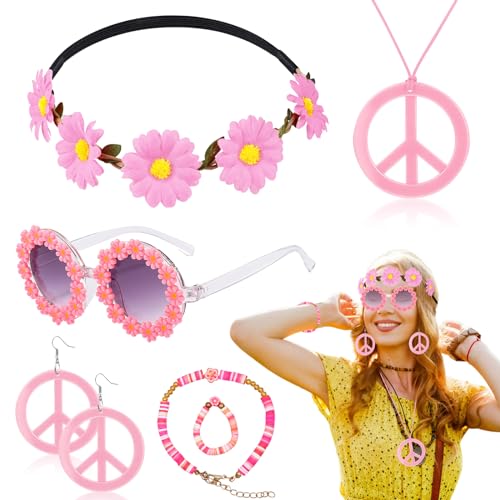 6 Stücke Hippie Kostüm Zubehör Set, 60er 70er Jahre Hippie Kostüm Kit mit Gänseblümchen Stirnband Sonnenbrille Friedenszeichen Halskette Ohrringe Armband Ring für Herren Damen Halloween Karneval Party 6 Stücke Hippie Kostüm Zubehör Set, 60er 70er Jahre Hippie Kostüm Kit mit Gänseblümchen Stirnband Sonnenbrille Friedenszeichen Halskette Ohrringe Armband Ring für Herren Damen Halloween Karneval Party von Saier tbo
