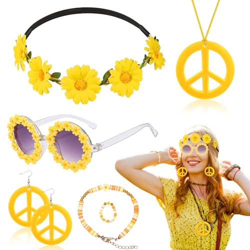 6 Stücke Hippie Kostüm Zubehör Set, 60er 70er Jahre Hippie Kostüm Kit mit Gänseblümchen Stirnband Sonnenbrille Friedenszeichen Halskette Ohrringe Armband Ring für Herren Damen Halloween Karneval Party 6 Stücke Hippie Kostüm Zubehör Set, 60er 70er Jahre Hippie Kostüm Kit mit Gänseblümchen Stirnband Sonnenbrille Friedenszeichen Halskette Ohrringe Armband Ring für Herren Damen Halloween Karneval Party von Saier tbo