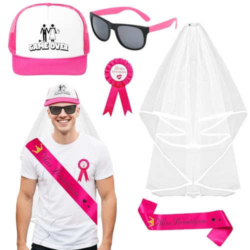 6 Stück JGA Kostüm Zubehör Set für Männer, Junggesellenabschied Kostüm Kit mit Rosarot Hut Brille Brosche Schultergurt Schleier Anstecknadel für Herren Junggesellenabschied Party Hochzeit Deko 6 Stück JGA Kostüm Zubehör Set für Männer, Junggesellenabschied Kostüm Kit mit Rosarot Hut Brille Brosche Schultergurt Schleier Anstecknadel für Herren Junggesellenabschied Party Hochzeit Deko von Saier tbo