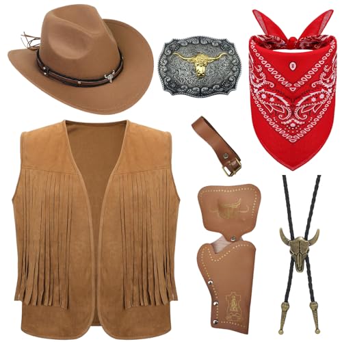 7 Stück Cowboy Fancy Dress Zubehör Set für Herren, Western Cowboy Kostüm mit Hut Quastenweste Paisley Bandana Western Boloschnalle Gürtel Holster für Karneval Fancing Cosplay (Stil 2, XXL) von Saier tbo